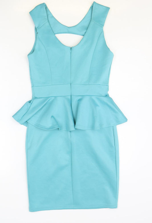 Preworn Womens Blue Polyester Pencil Dress Size M Roll Neck Zip - Peplum