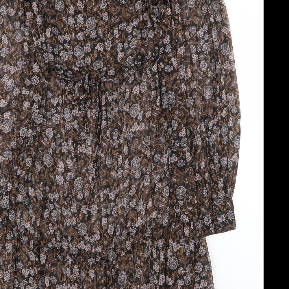 Marks and Spencer Womens Brown Floral Polyester A-Line Size 6 Round Neck Button