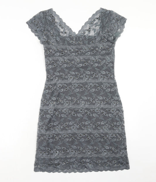 Onyx Nite Womens Grey Herringbone Polyester Pencil Dress Size 12 V-Neck Pullover