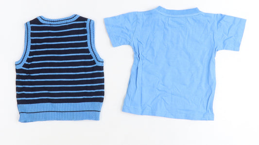 Earlydays Boys Blue Striped 100% Cotton Basic Tank Size 9-12 Months Round Neck Pullover
