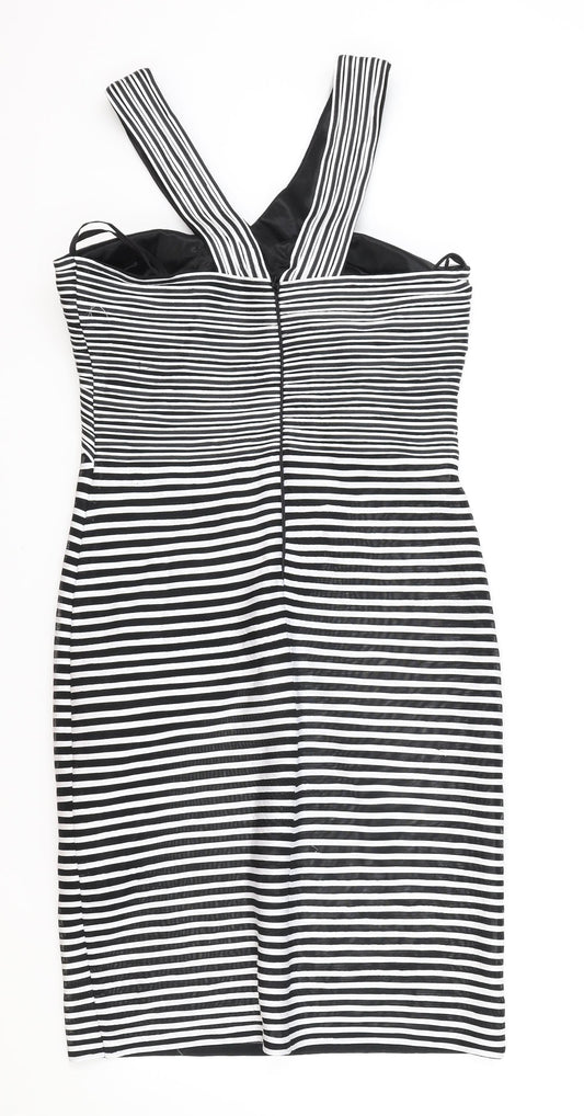 Madeline Womens Black Striped Polyester Bodycon Size 14 V-Neck Zip