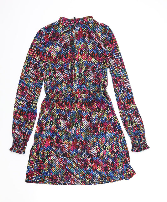 Oasis Womens Multicoloured Geometric Polyester Fit & Flare Size S Mock Neck Button