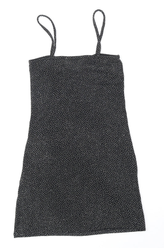 Pull&Bear Womens Black Geometric Polyimide Slip Dress Size XS V-Neck Pullover