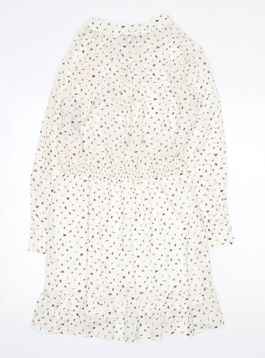Misskoo Womens White Geometric Polyester A-Line Size S V-Neck Button