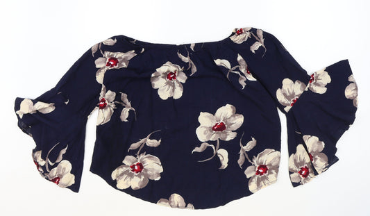 Apricot Womens Blue Floral Viscose Cropped Blouse Size 8 Boat Neck