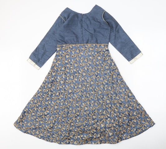 Preworn Womens Blue Geometric Polyester A-Line Size 2 Round Neck Zip