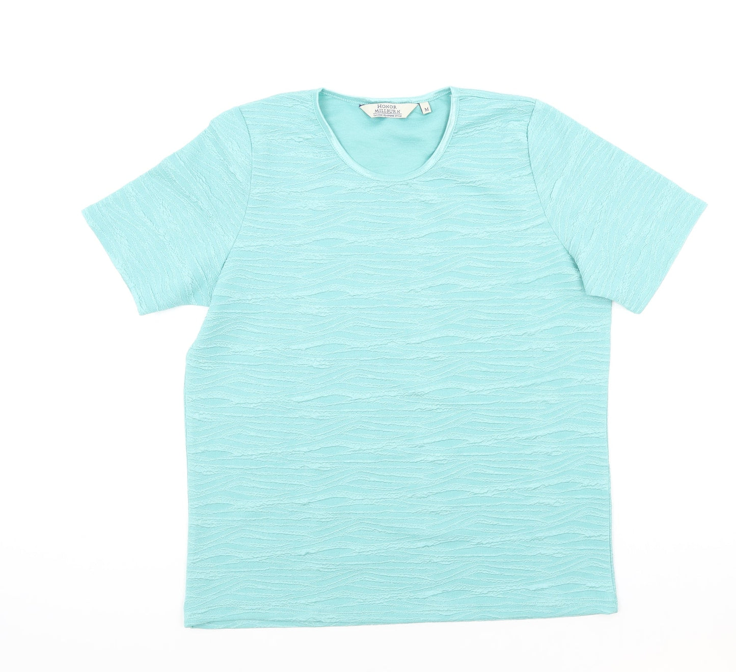 EWM Womens Blue Geometric Polyester Basic T-Shirt Size M Round Neck