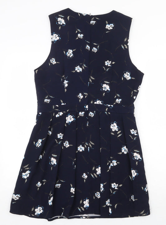 Stella Morgan Womens Blue Floral Polyester A-Line Size 14 Round Neck Zip