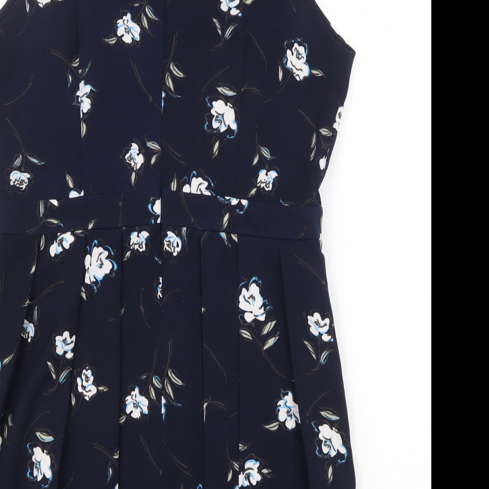 Stella Morgan Womens Blue Floral Polyester A-Line Size 14 Round Neck Zip