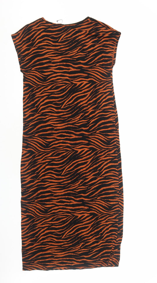 Marks and Spencer Womens Orange Animal Print Viscose Sheath Size 8 V-Neck Pullover
