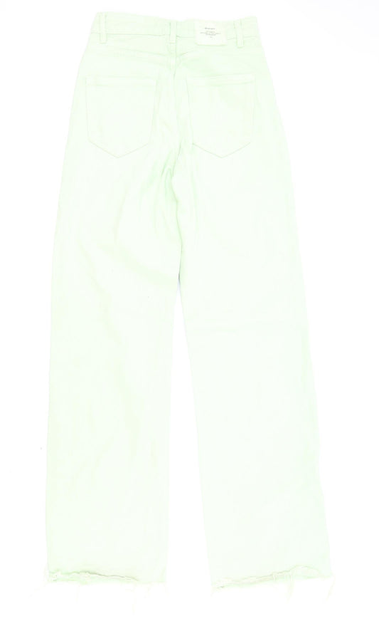 Stradivarius Womens Green Cotton Straight Jeans Size 6 Regular Zip - Distressed Hems