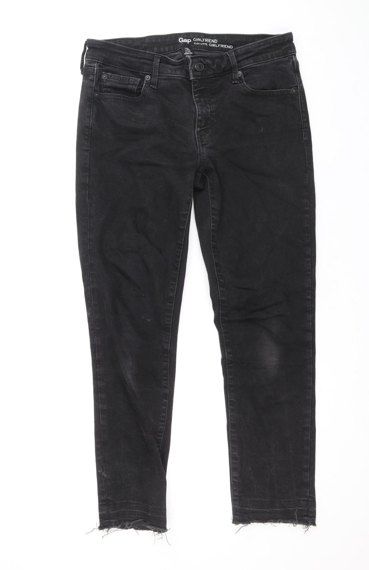 Gap Womens Black Cotton Straight Jeans Size 6 Regular Zip - Girlfriend Fit, Distressed Hems