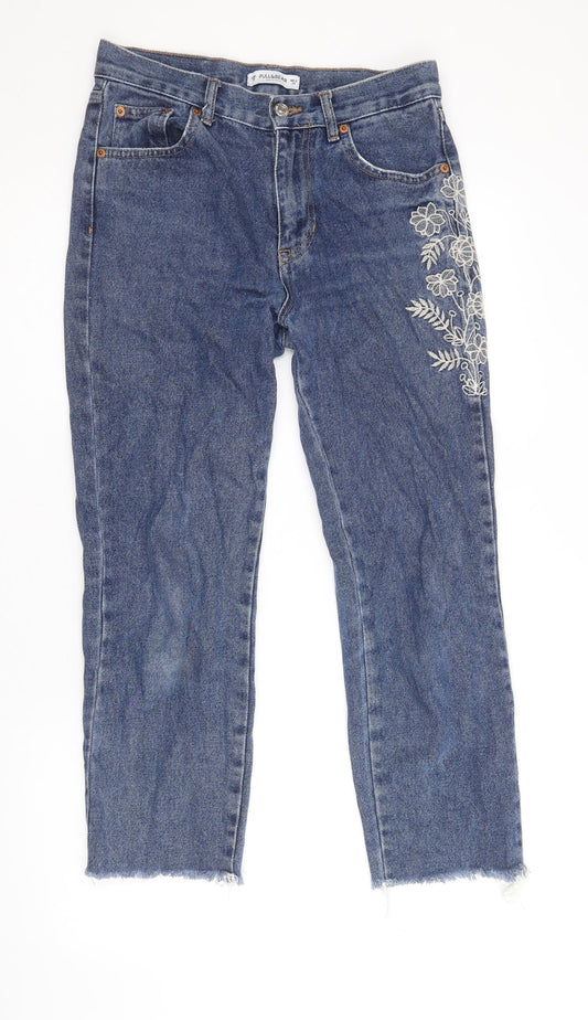 Pull&Bear Womens Blue Floral Cotton Straight Jeans Size 8 Regular Zip - Distressed Hems