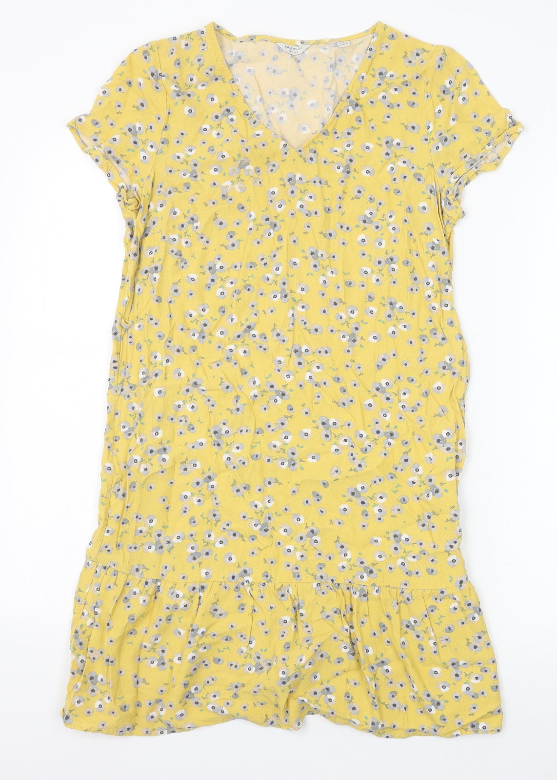 Jack Wills Womens Yellow Floral Viscose T-Shirt Dress Size 6 V-Neck Pullover