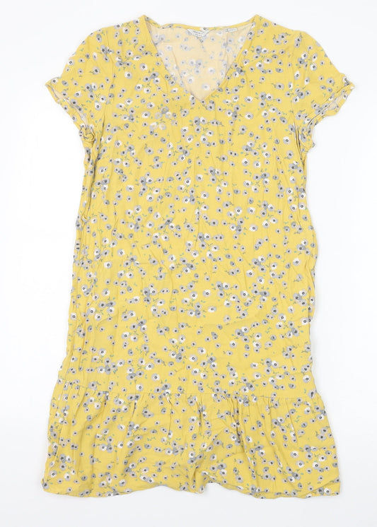 Jack Wills Womens Yellow Floral Viscose T-Shirt Dress Size 6 V-Neck Pullover