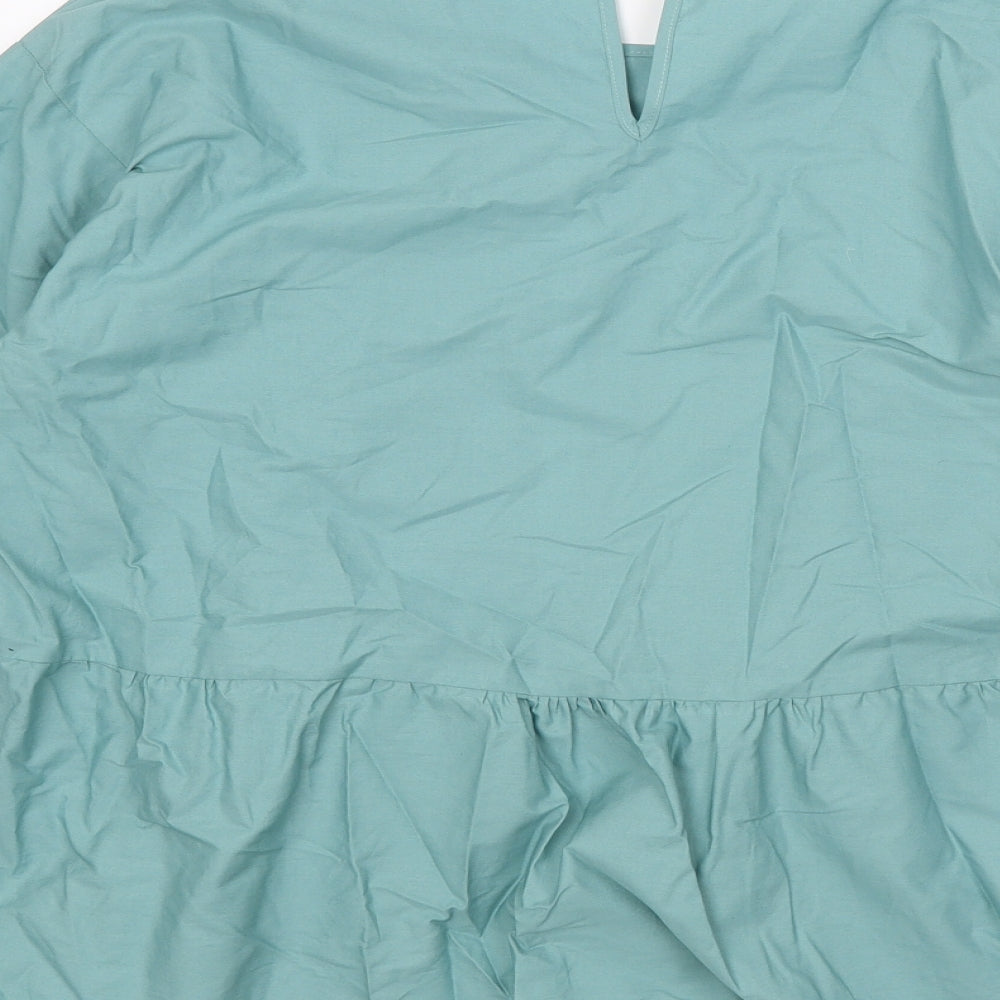 Marks and Spencer Womens Green 100% Cotton Basic Blouse Size 12 Scoop Neck - Smock