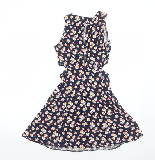 Miss Selfridge Womens Blue Floral Viscose Fit & Flare Size 6 Boat Neck Button