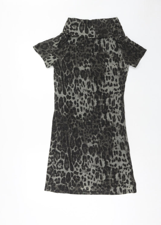 Palme Womens Grey Animal Print Acrylic A-Line Size M Roll Neck Pullover - Leopard Pattern