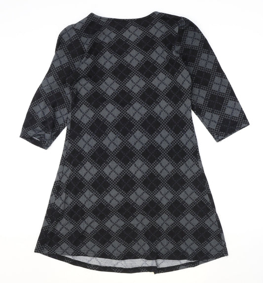 Reborn Womens Black Argyle/Diamond Polyester Fit & Flare Size M Round Neck Pullover
