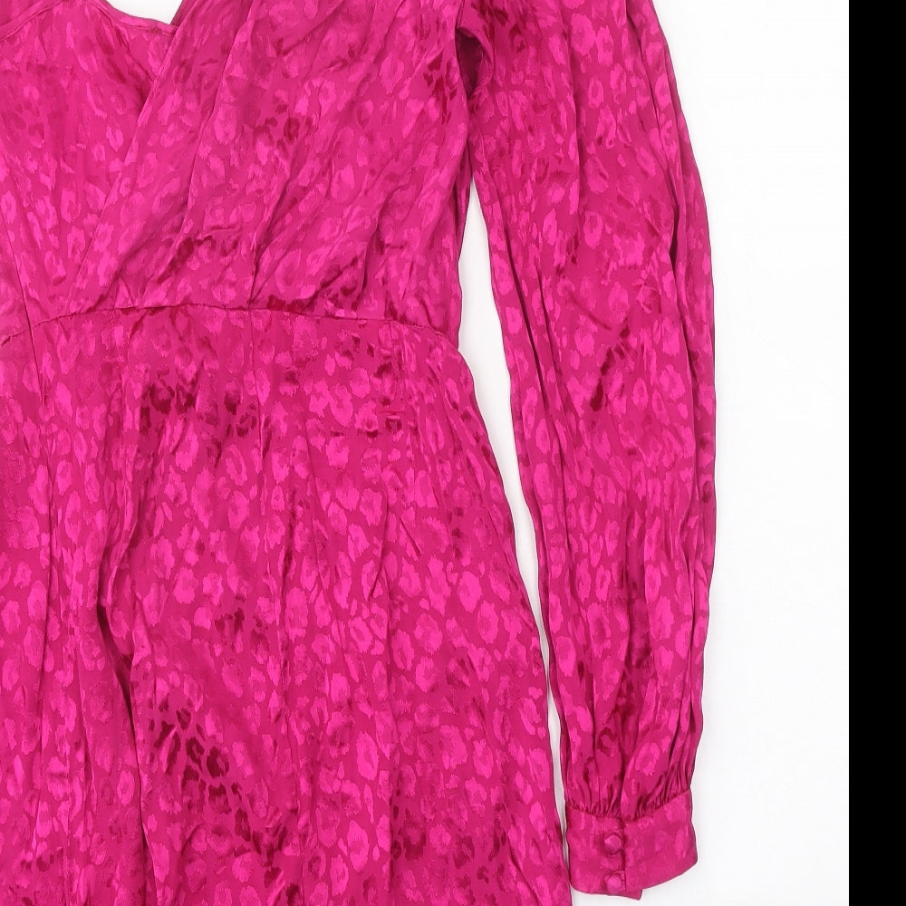 Topshop Womens Pink Animal Print Viscose Mini Size 8 One Shoulder Zip - Leopard Print