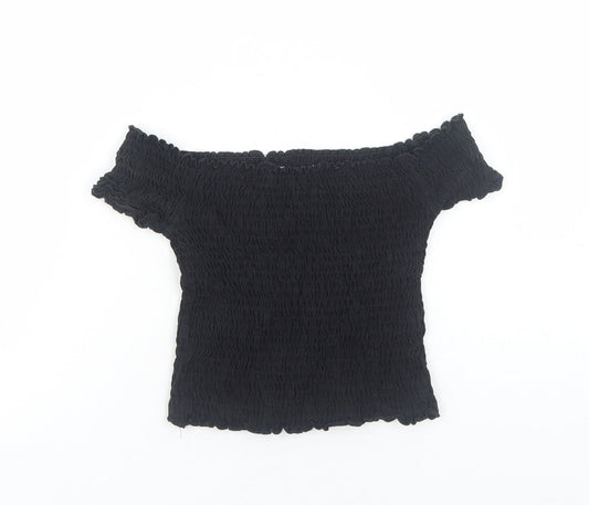 Preworn Girls Black Cotton Cropped Blouse Size 7 Years Off the Shoulder Pullover - Shirred Bardot