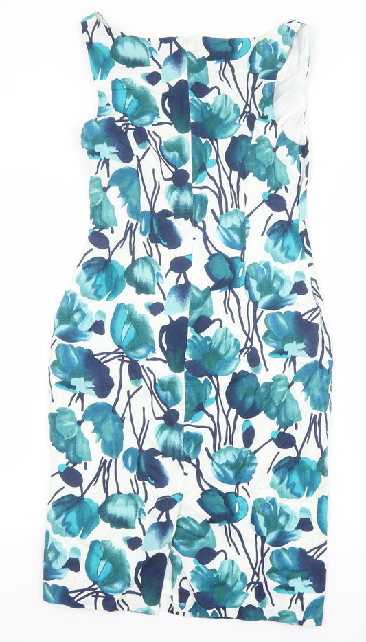 Kaliko Womens Blue Floral Linen Sheath Size 8 V-Neck Zip