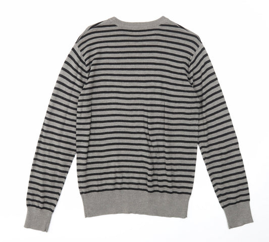 Defended Style Mens Grey Round Neck Striped Acrylic Pullover Jumper Size S Long Sleeve