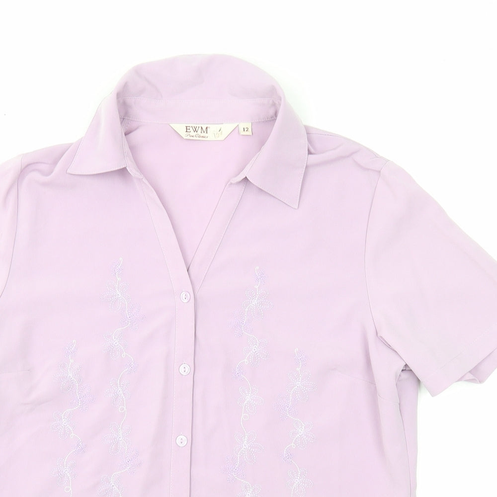 EWM Womens Purple Polyester Basic T-Shirt Size 12 V-Neck