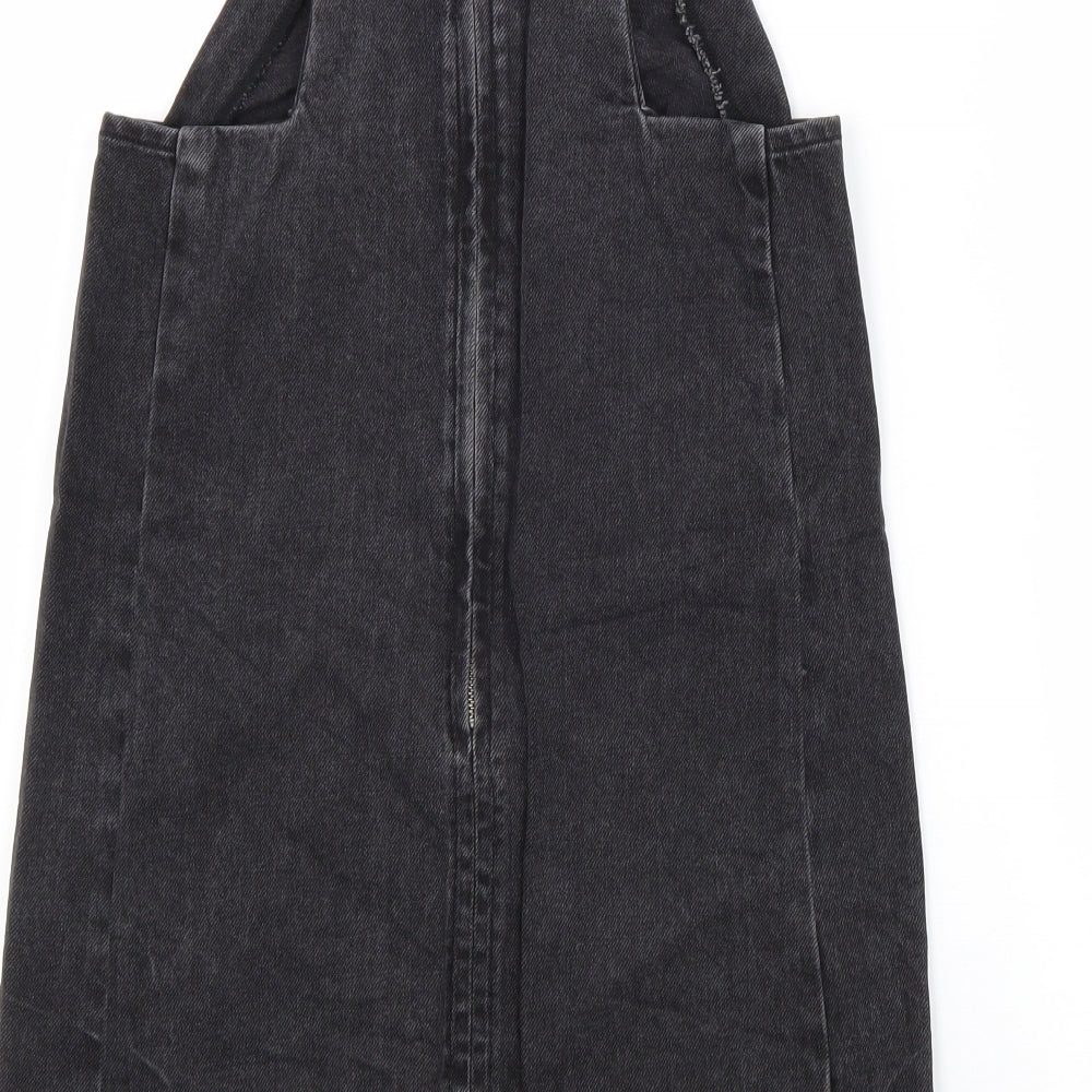 Topshop Womens Black Cotton Pinafore/Dungaree Dress Size 6 Square Neck Zip