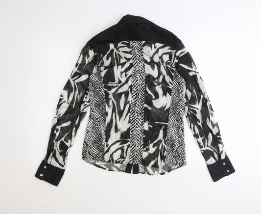 OFF!-White Womens Black Geometric Polyester Basic Button-Up Size 8 Collared