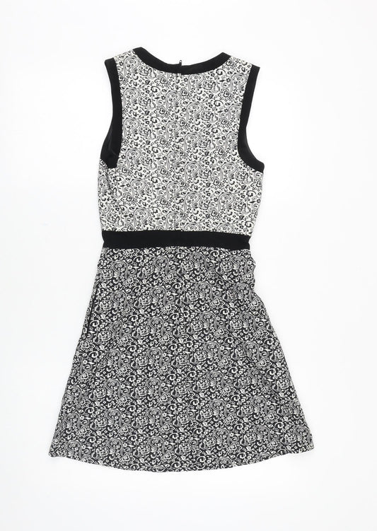 Miss Selfridge Womens Black Floral Polyester A-Line Size 4 Scoop Neck Zip