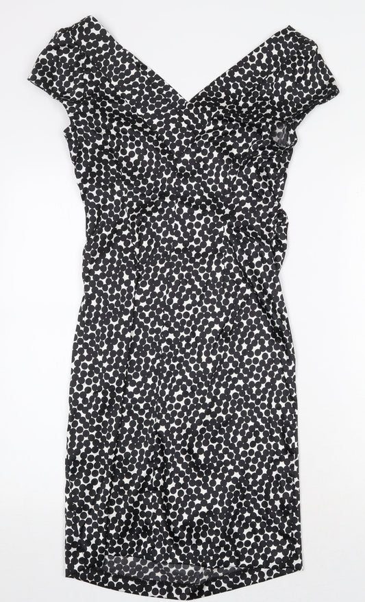 NW Collections Womens Black Geometric Polyester Pencil Dress Size 6 V-Neck Pullover
