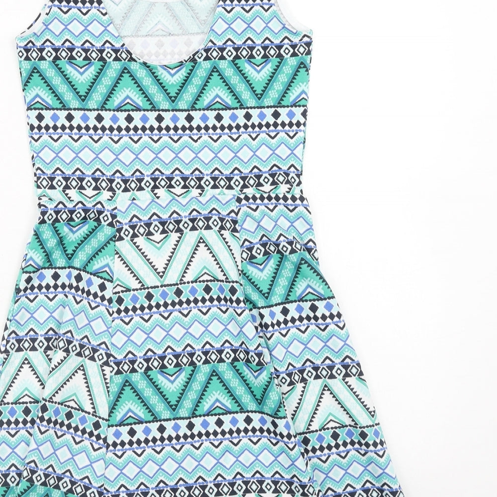 H&M Womens Green Geometric Cotton A-Line Size 8 Scoop Neck Pullover