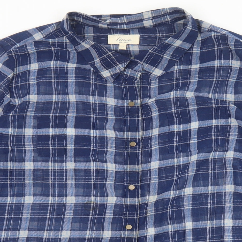 Linea Womens Blue Plaid Polyester Basic Button-Up Size 16 Collared
