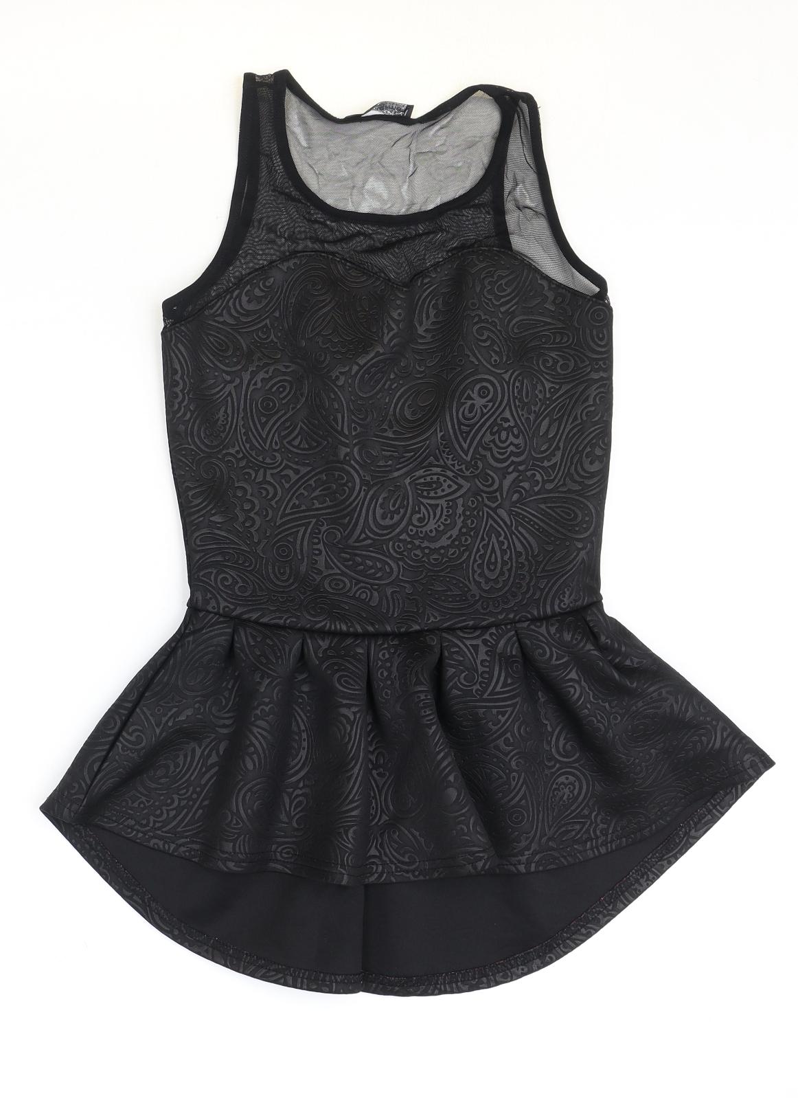 Jane Norman Womens Black Geometric Polyester Basic Blouse Size 10 Scoop Neck - Drop hem