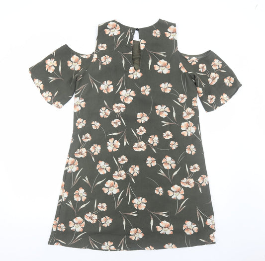 Apricot Womens Green Floral Polyester Shift Size 10 Round Neck Pullover - Cold Shoulder