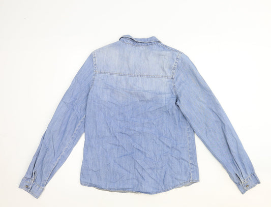 River Island Womens Blue Cotton Basic Button-Up Size 10 Collared