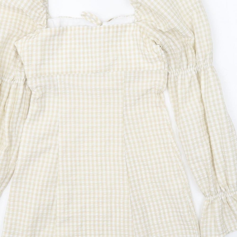 Divided Womens Yellow Gingham Polyester Fit & Flare Size 8 Square Neck Tie