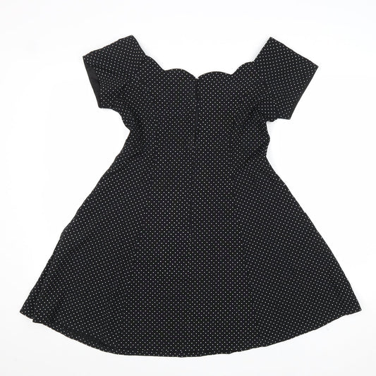 Dramatix Womens Black Polka Dot Viscose Fit & Flare Size 10 Boat Neck Zip - Scalloped Neckline