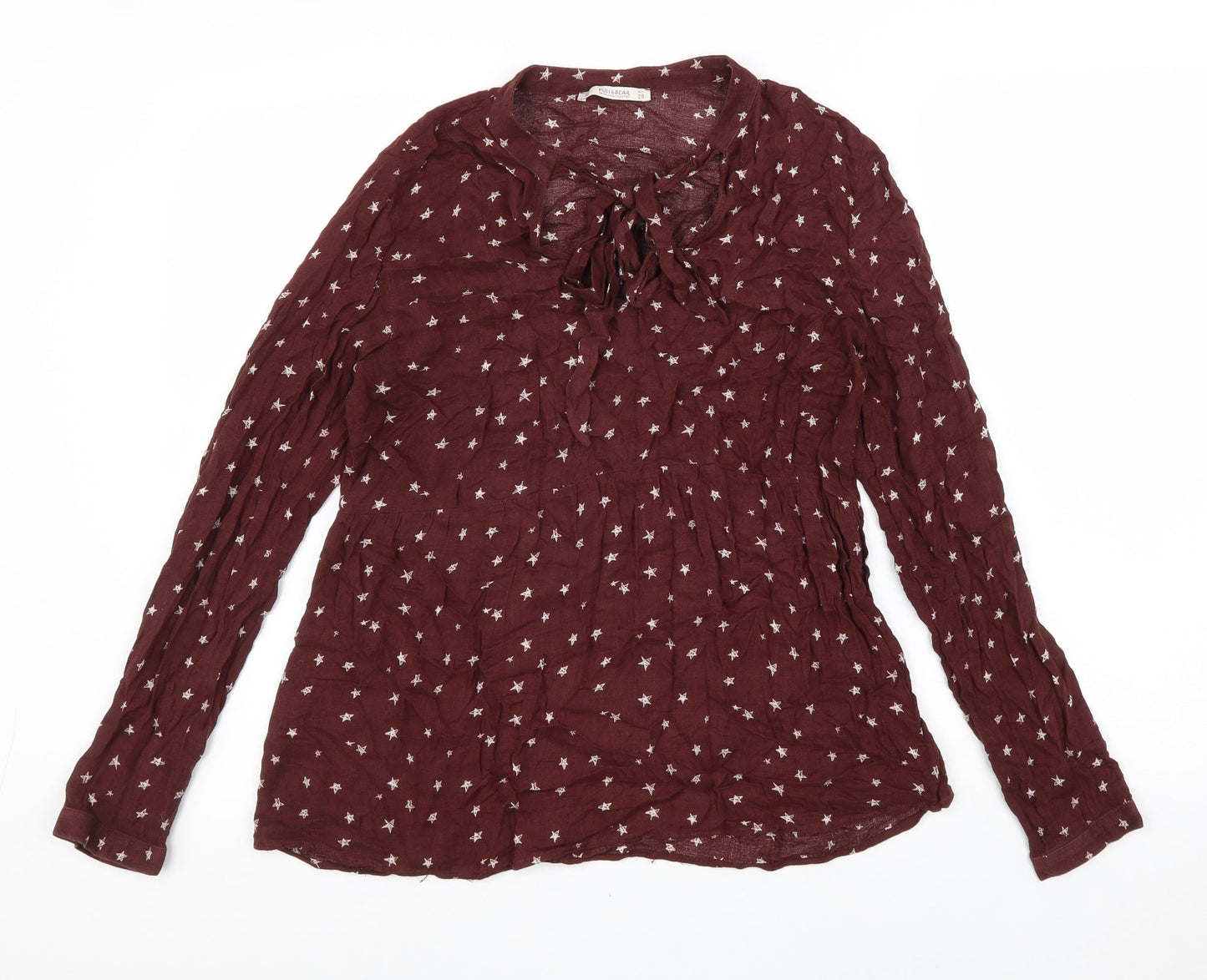 Pull&Bear Womens Red Geometric Viscose Basic Blouse Size M V-Neck - Star Print