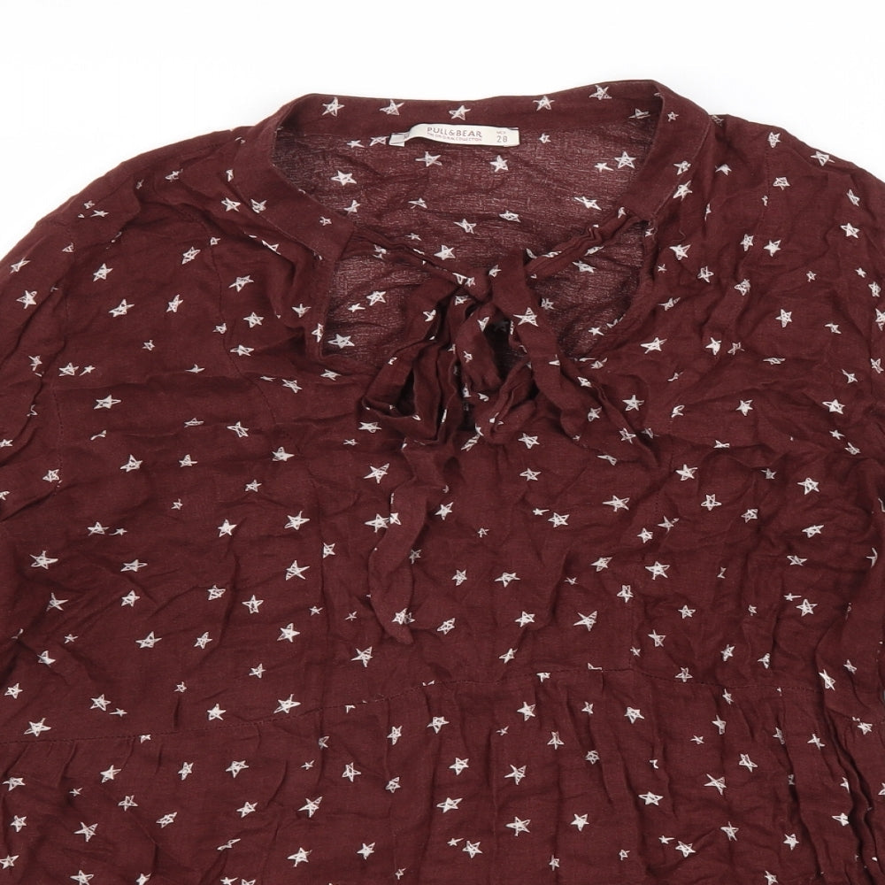 Pull&Bear Womens Red Geometric Viscose Basic Blouse Size M V-Neck - Star Print