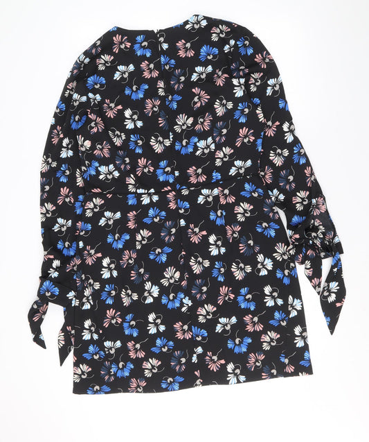 Warehouse Womens Black Floral Polyester Shift Size 14 Scoop Neck Zip - Tie Sleeve Detail