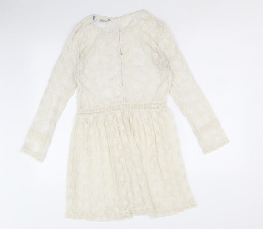 Zara Womens Ivory Geometric Polyester Fit & Flare Size S Round Neck Button