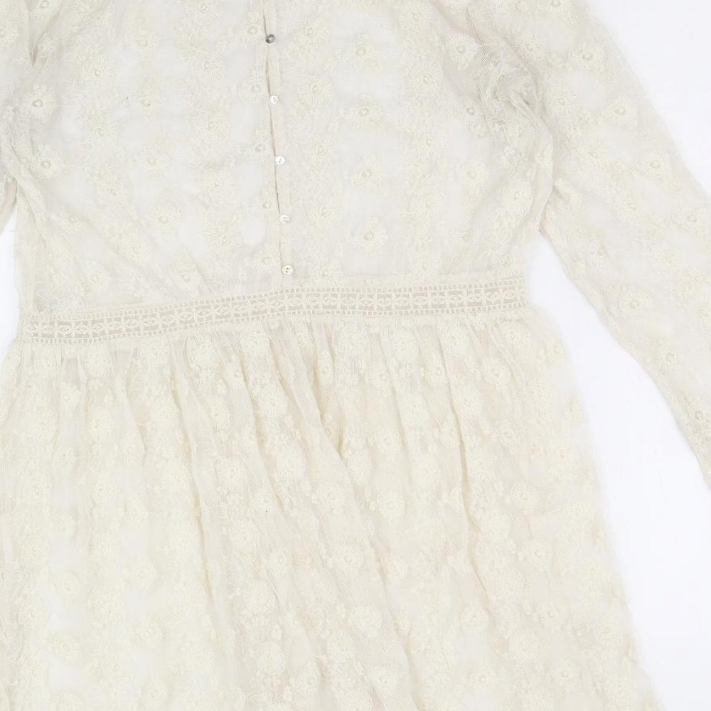 Zara Womens Ivory Geometric Polyester Fit & Flare Size S Round Neck Button