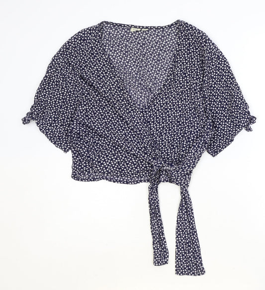 Gap Womens Blue Floral Viscose Wrap Blouse Size S V-Neck - Cropped