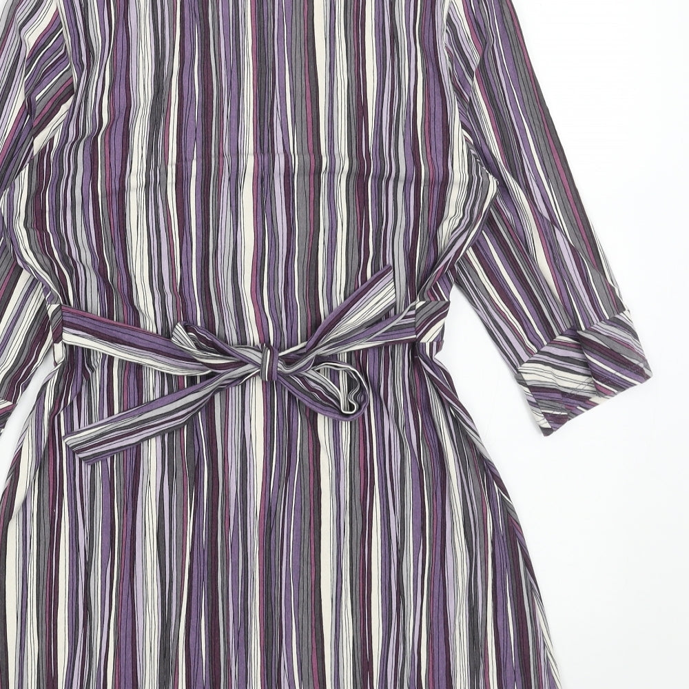 Marks and Spencer Womens Purple Striped Viscose A-Line Size 10 V-Neck Pullover