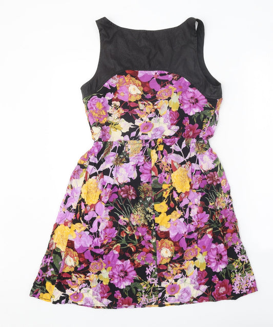 Xhilaration Womens Black Floral Viscose A-Line Size S Round Neck Zip