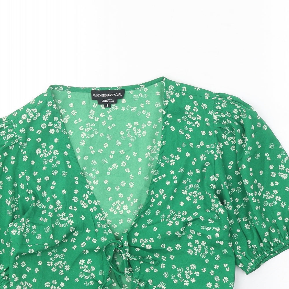 Wednesday's Girl Womens Green Floral Polyester Cropped Blouse Size S V-Neck