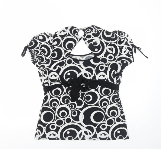 BASSINI Womens Black Geometric Polyester Basic T-Shirt Size XL Round Neck