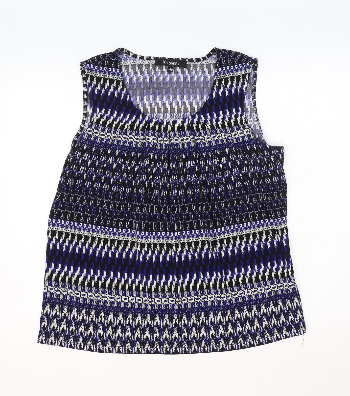 Le Suit Womens Blue Geometric Polyester Basic Tank Size L Round Neck